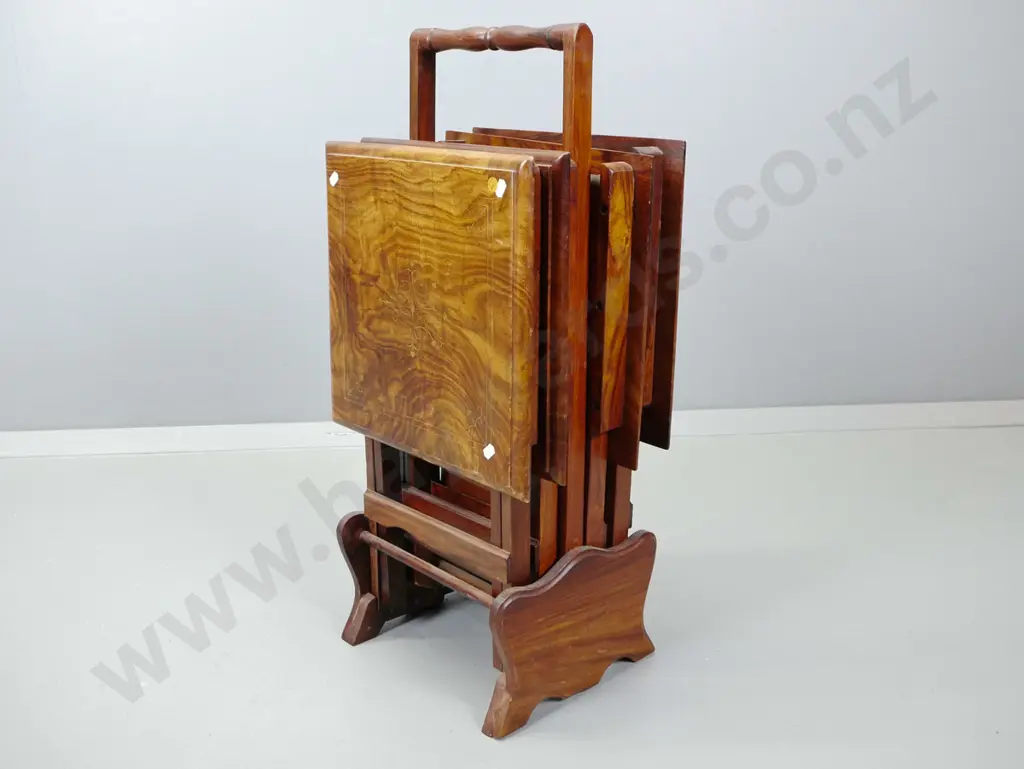 4 walnut fold-out tables in stand with brass stringing and inlay to tops. Stand H-740. Tables H-500 W-350 D-350 Image 1++