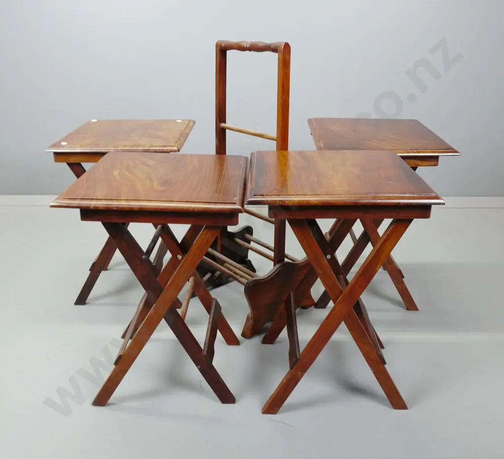 4 walnut fold-out tables in stand with brass stringing and inlay to tops. Stand H-740. Tables H-500 W-350 D-350 Image 1++