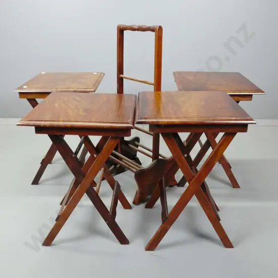 4 walnut fold-out tables in stand with brass stringing and inlay to tops. Stand H-740. Tables H-500 W-350 D-350