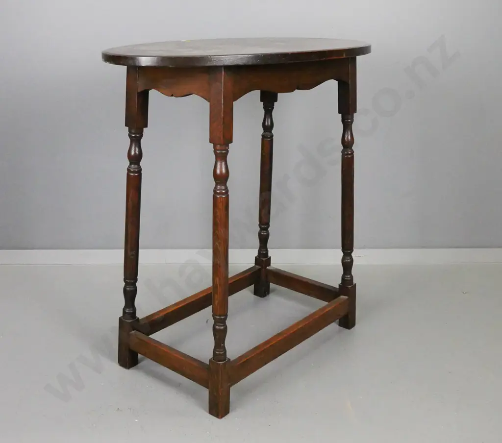 vintage oak oval side table on turned legs with square section box base - some scratching to polish H-760 L-770 D-460 Image 1++