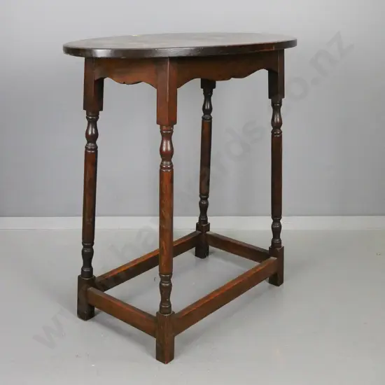 vintage oak oval side table on turned legs with square section box base - some scratching to polish H-760 L-770 D-460