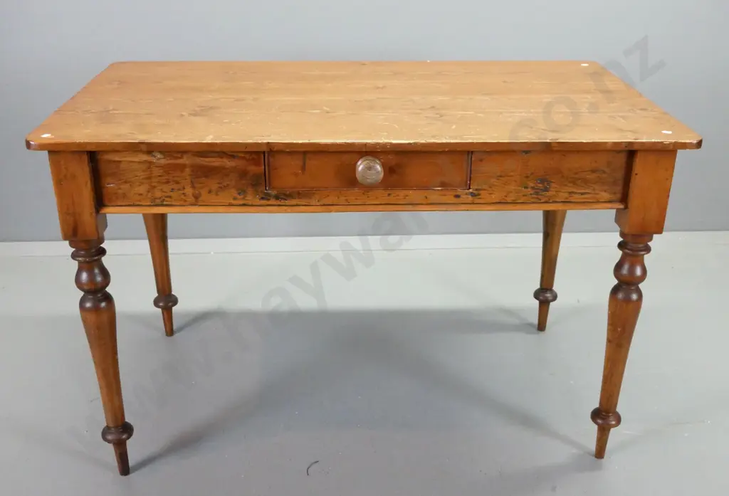 Baltic pine farmhouse kitchen table with turned legs, single drawer w/timber knob - polish on top needs attention H-750 Image 1++