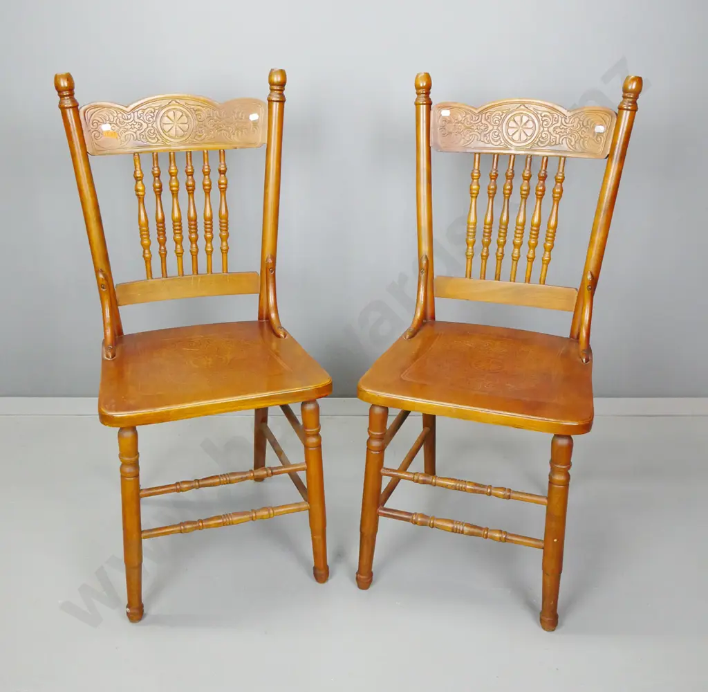 pair vintage beech pressed-back chair with spindle back, pressed decoration on seat, stretcher base H-920 W-410 D-400 Image 1++
