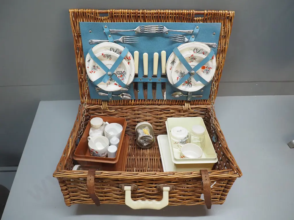retro Brexton cane picnic hamper with 4-place cutlery, crockery etc. Image 1++