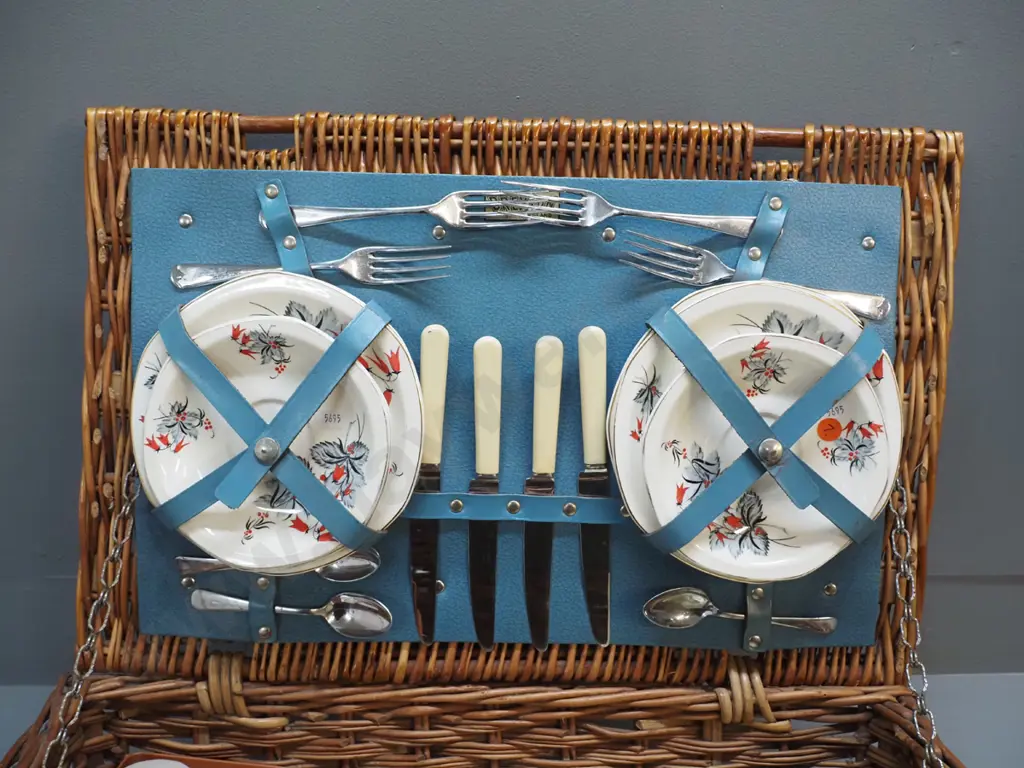 retro Brexton cane picnic hamper with 4-place cutlery, crockery etc. Image 1++