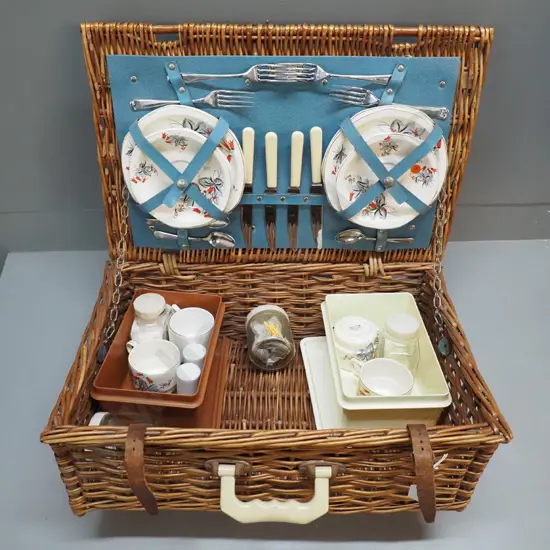 retro Brexton cane picnic hamper with 4-place cutlery, crockery etc.