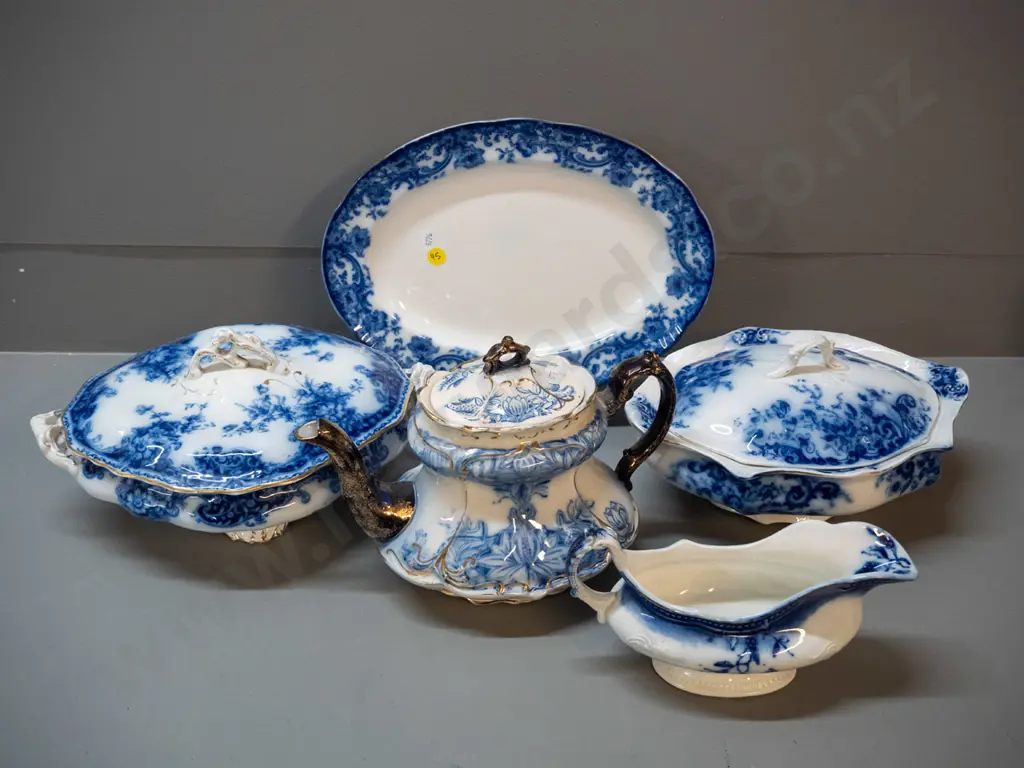 5 vintage flow blue items - Doulton Burslem Melrose oval plate, Burgess & Leigh Athol lidded vege, SJB teapot, Johnson Image 1++
