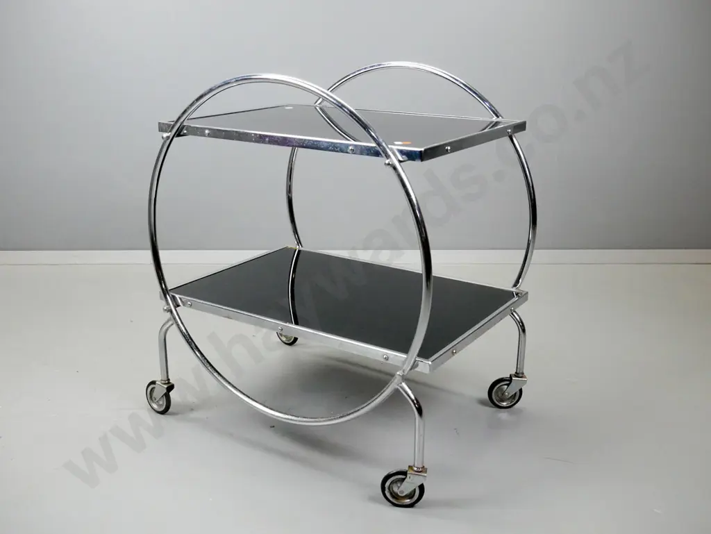 deco chrome and black glass hoop side tea trolley - some pitting to chrome & scratches to glass H710 L570 W450 Image 1++