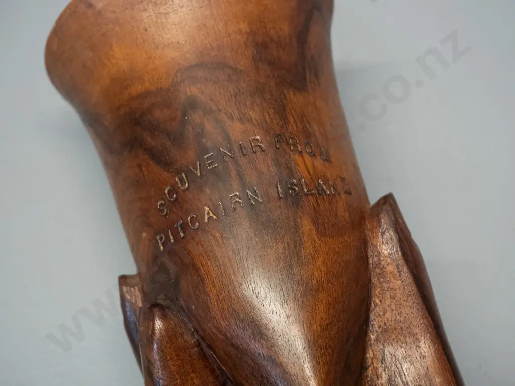 pair of hand carved timber cups or vases with relief hands, each marked 'Souvenir of Pitcairn Island' H-205 Image 1++