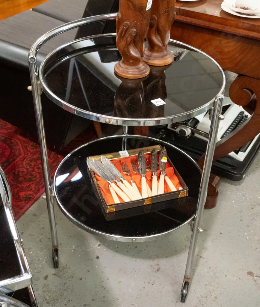 deco chrome and black glass circular cocktail trolley - some pitting to chrome & scratches to glass, one nut replaced. Image 1++