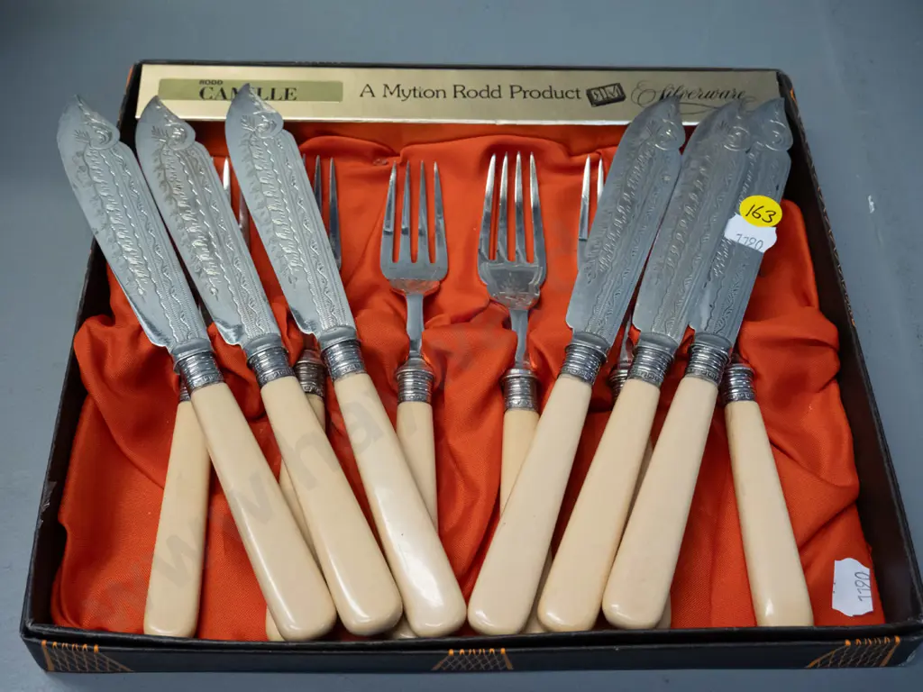 set of 6 fish forks and knives with faux ivory / bone handles and sterling silver collars, blades marked CHWEPNS Image 1++