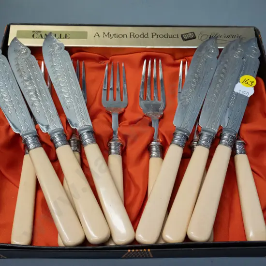 set of 6 fish forks and knives with faux ivory / bone handles and sterling silver collars, blades marked CHWEPNS