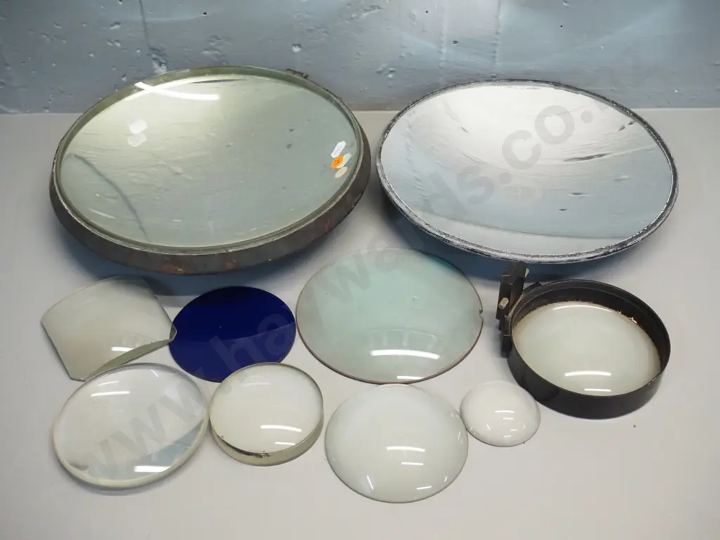 assorted optical elements - 2 concave mirrors D-290, one marked with sighting info, assorted glass lenses etc. Image 1++