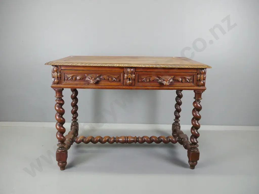 Victorian carved oak lady's desk with cross-banded edge, Jacobean twist legs & stretcher base - loose joints, some Image 1++