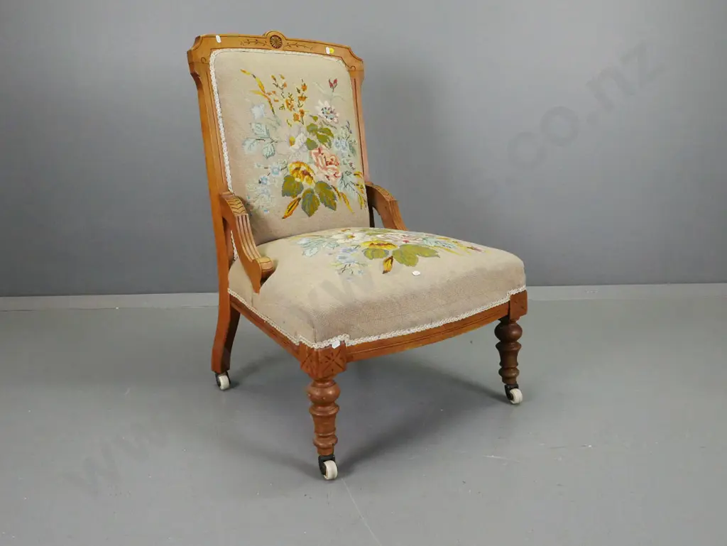 Edwardian lady's chair with carved back, floral embroidered seat & back, turned front legs, on porcelain casters H-880 Image 1++