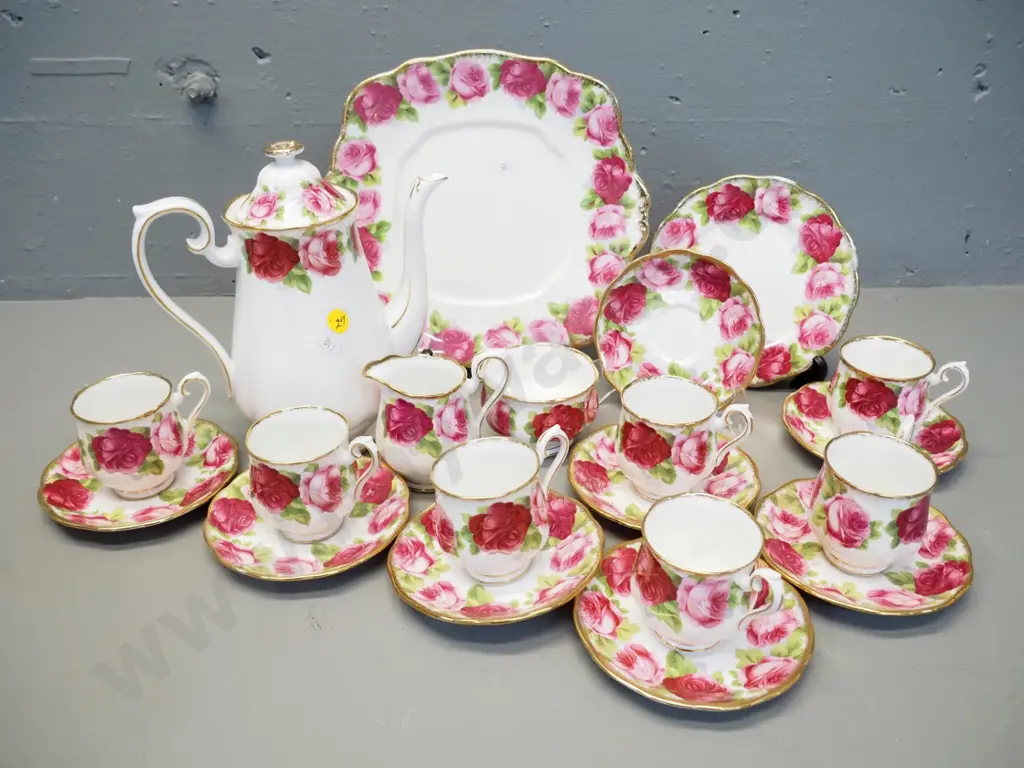 Royal Albert Old English Rose coffee set - 7 cups & saucers, extra saucer, side plate, coffee pot and cake plate Image 1++