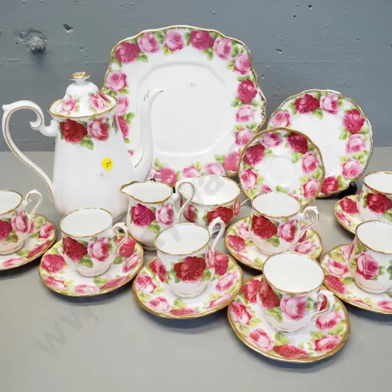 Royal Albert Old English Rose coffee set - 7 cups & saucers, extra saucer, side plate, coffee pot and cake plate