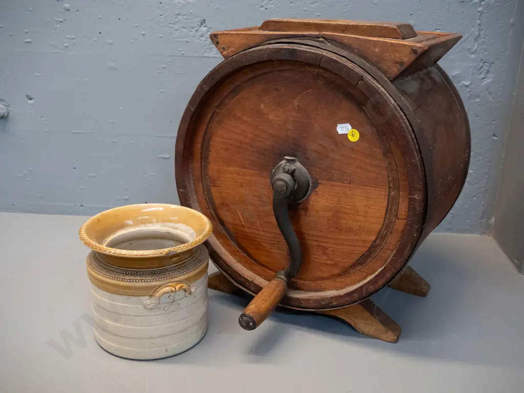 vintage timber butter churn with cast iron banding and handle and a small stoneware crock with chip to one handle. Some Image 1++