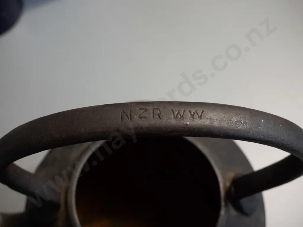 vintage cast-iron kettle marked NWR W.W. along top of handle, w/brass lid slightly dented, some corrosion inside H270 Image 1++