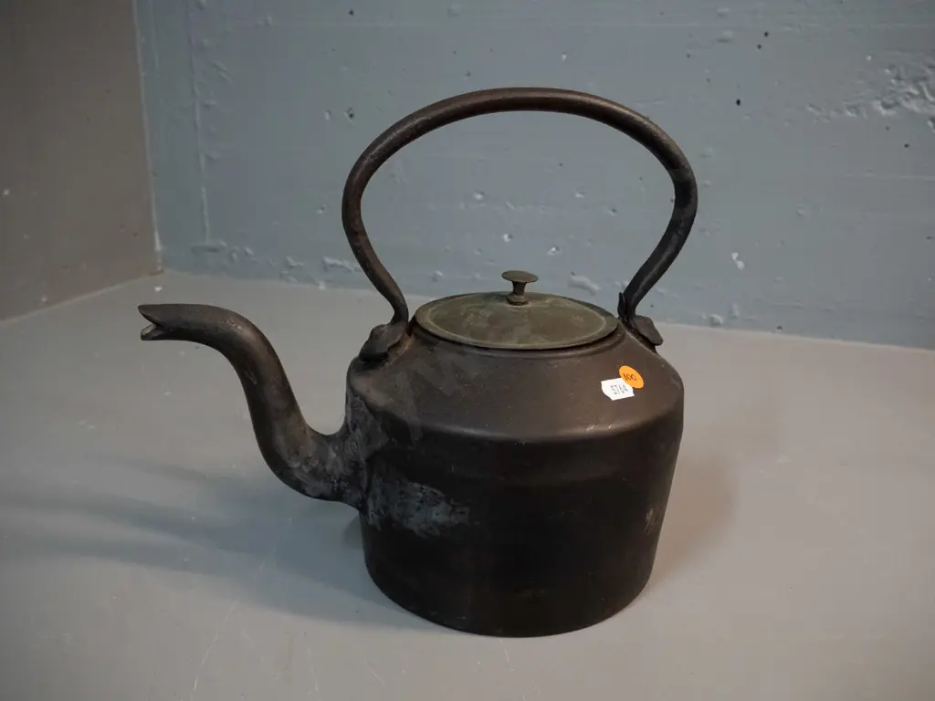 vintage cast-iron kettle marked NWR W.W. along top of handle, w/brass lid slightly dented, some corrosion inside H270 Image 1++