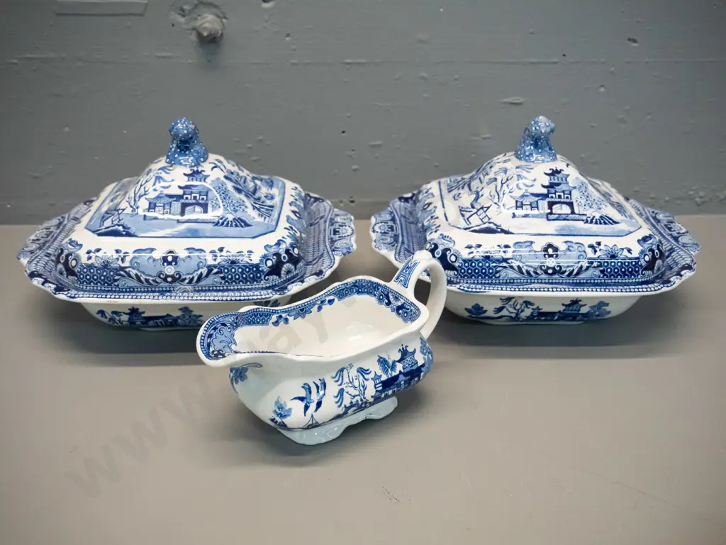 vintage Burleigh Willow items - 2 lidded vegetable dishes H-160 L-270 and a gravy boat Image 1++