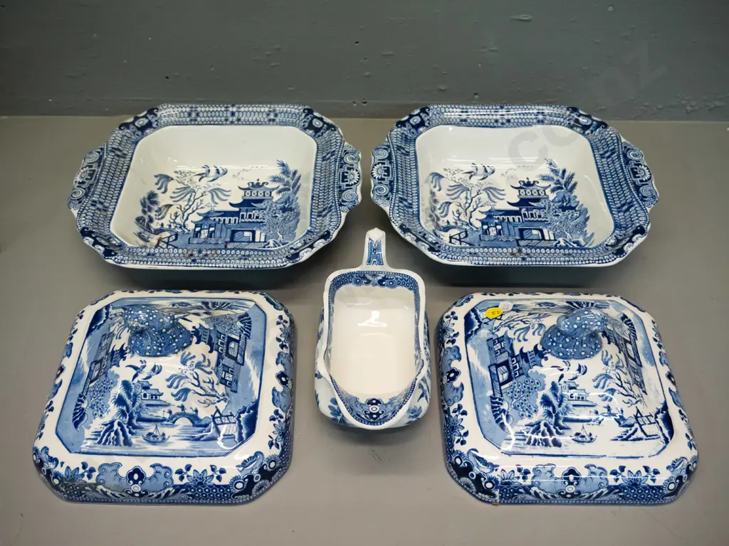 vintage Burleigh Willow items - 2 lidded vegetable dishes H-160 L-270 and a gravy boat Image 1++