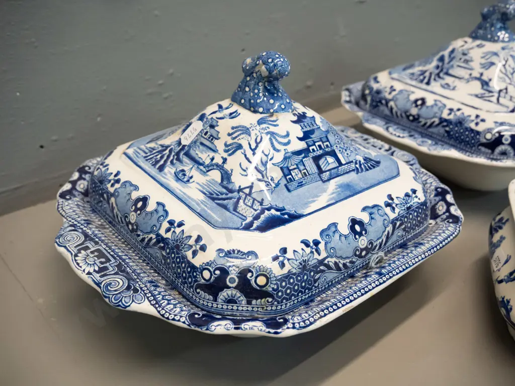 vintage Burleigh Willow items - 2 lidded vegetable dishes H-160 L-270 and a gravy boat Image 1++