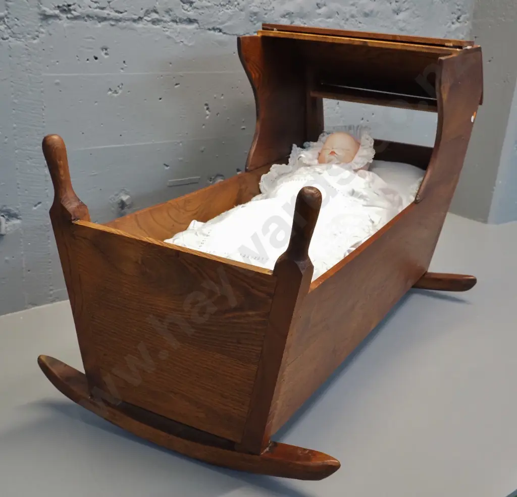 vintage timber rocking cradle with Robin King 1998 china-headed doll w/clothes and bedding - damage to leather strap Image 1++