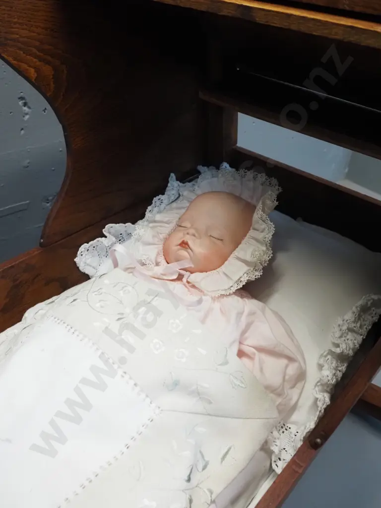 vintage timber rocking cradle with Robin King 1998 china-headed doll w/clothes and bedding - damage to leather strap Image 1++