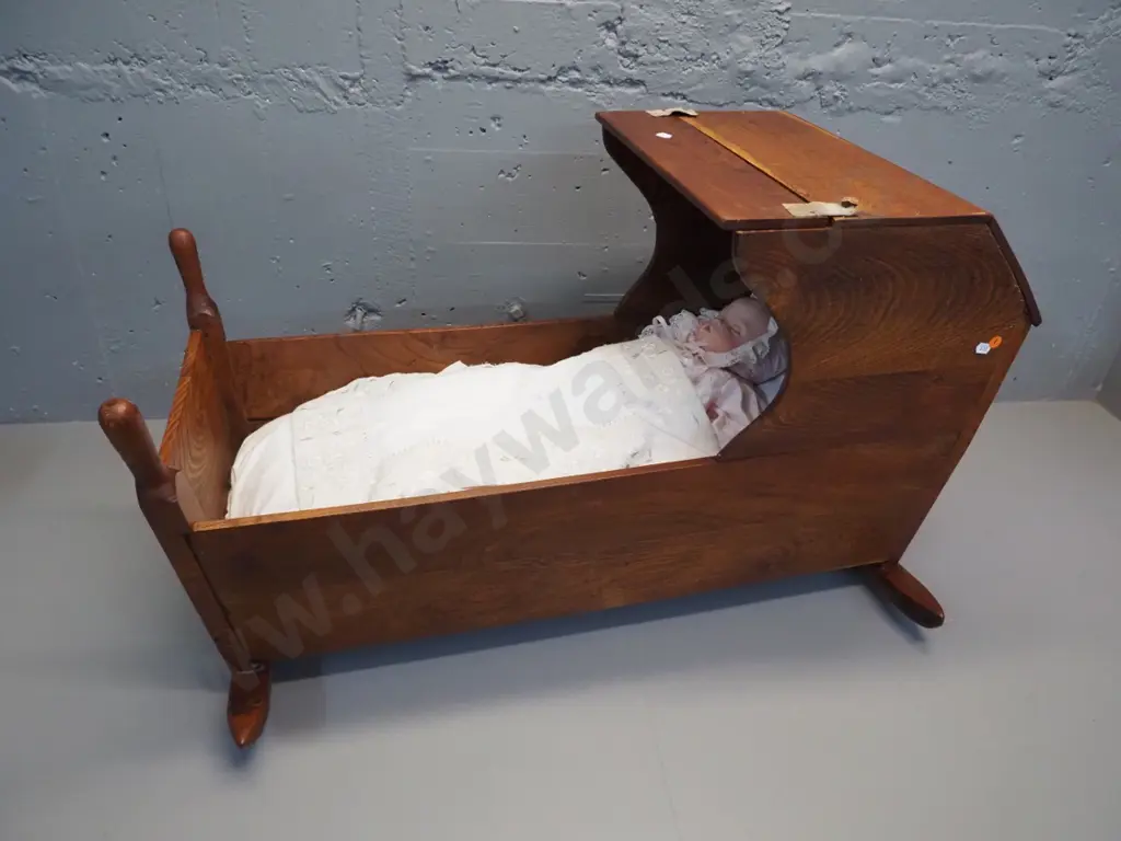 vintage timber rocking cradle with Robin King 1998 china-headed doll w/clothes and bedding - damage to leather strap Image 1++