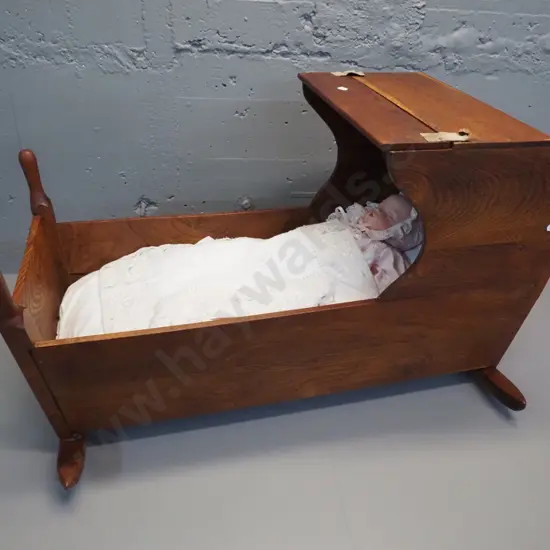 vintage timber rocking cradle with Robin King 1998 china-headed doll w/clothes and bedding - damage to leather strap