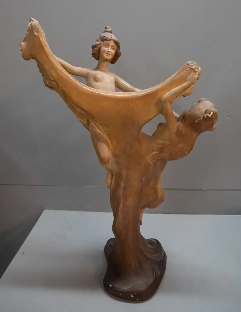 nouveau style porcelain figurine of two women holding round bevelled mirror, on NZ mixed timber pedestal. Some glaze Image 1++
