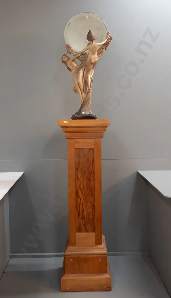 nouveau style porcelain figurine of two women holding round bevelled mirror, on NZ mixed timber pedestal. Some glaze Image 1++