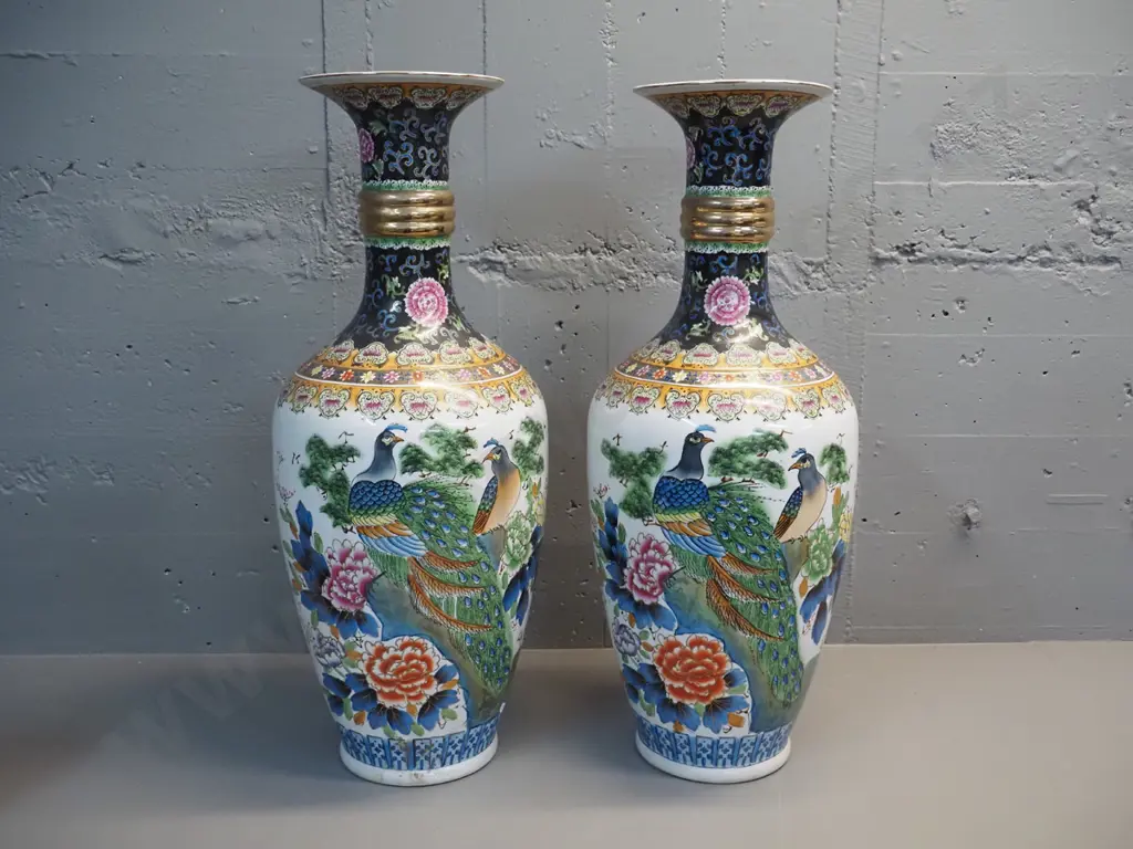 pair of large Chinese flared rim vases - peacock and floral decoration, gold trim H-720 D-300 Image 1++