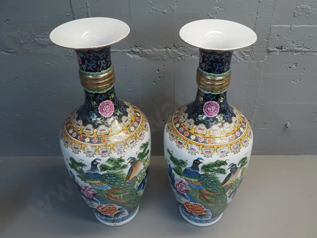 pair of large Chinese flared rim vases - peacock and floral decoration, gold trim H-720 D-300 Image 1++
