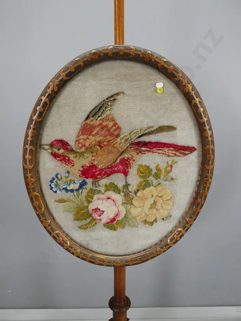 Victorian walnut adjustable pole-screen with oval carved frame, embroidered bird and flower panel, column base with Image 1++