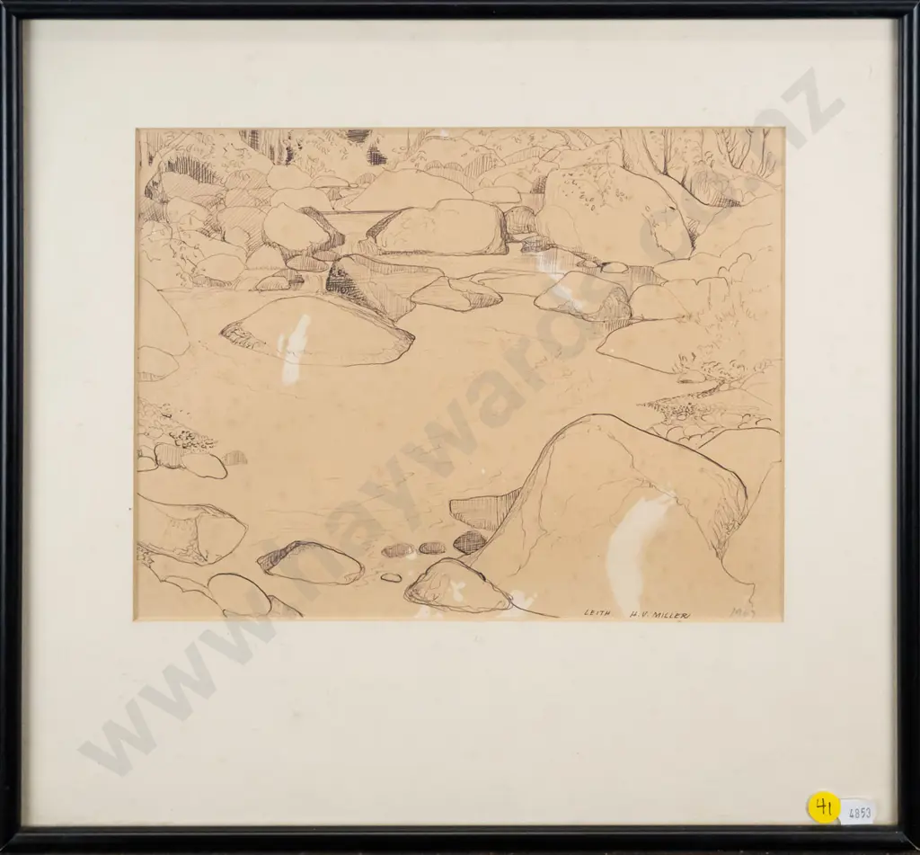 HV Miller 1967- framed ink "Leith Valley, pool in the Leith" (foxing) H-220 W-275 Image 1++