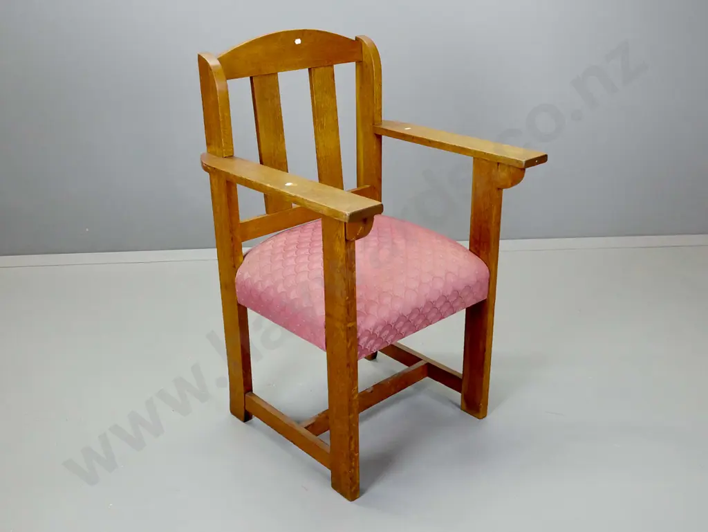 oak arts & crafts slat-back chair with wide arms, upholstered seat, on stretcher base H-1040 W-640 D-560 Image 1++