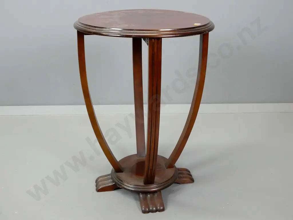 art deco side table with round top, bow fluted supports to platform base H-600 D-440 Image 1++