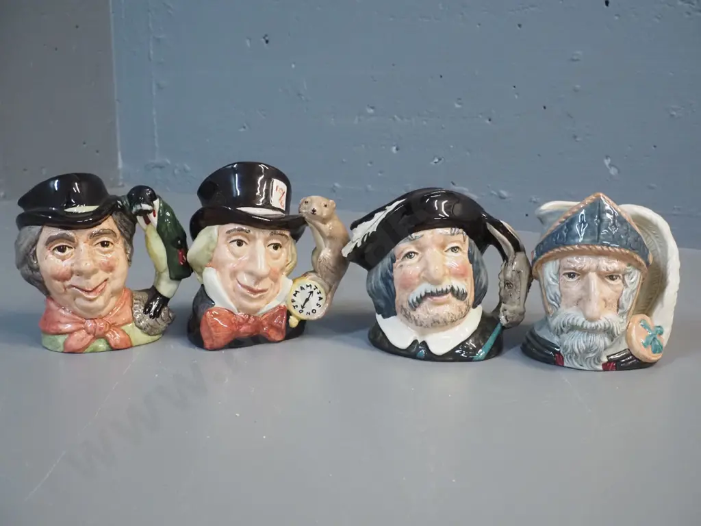 4 small Royal Doulton character jugs - Mad Hatter, Walrus & Carpenter, Sancho Panza, Don Quixote H-105 Image 1++