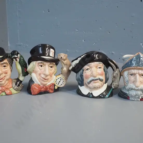 4 small Royal Doulton character jugs - Mad Hatter, Walrus & Carpenter, Sancho Panza, Don Quixote H-105