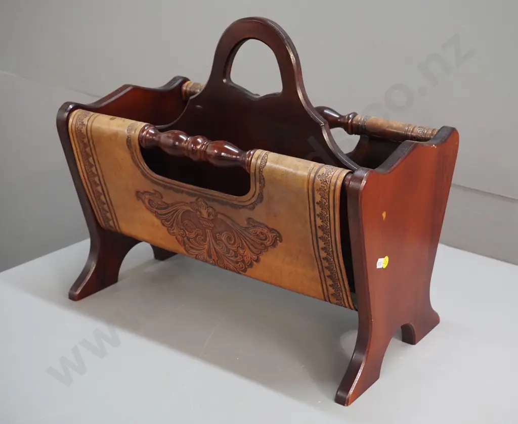 mahogany and tooled leather magazine rack H400 W460 D260 Image 1++