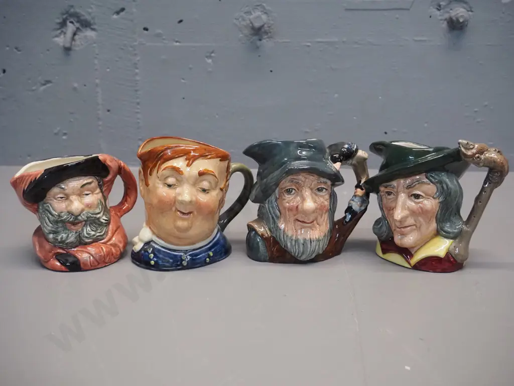 4 small Royal Doulton character jugs - Pied Piper, Rip van Winkle, Falstaff, Dickens' Fat Boy H-100 Image 1++
