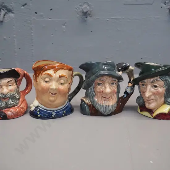 4 small Royal Doulton character jugs - Pied Piper, Rip van Winkle, Falstaff, Dickens' Fat Boy H-100