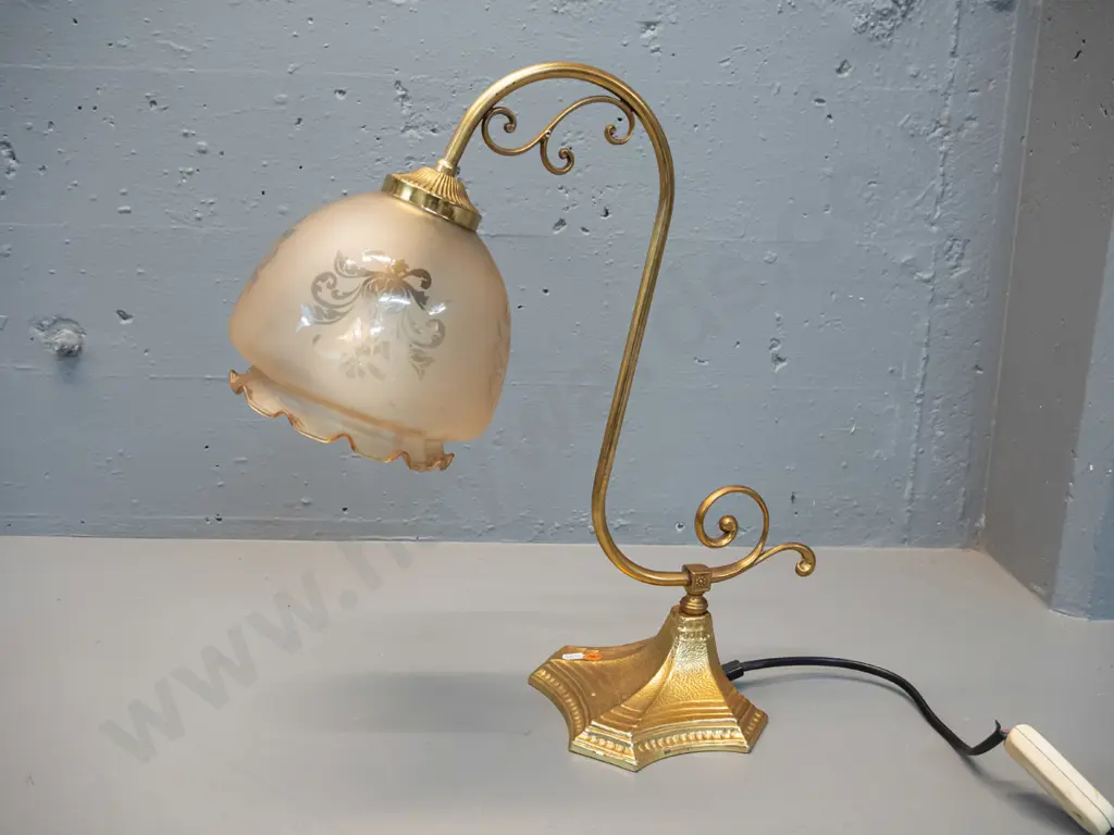 retro brass finish cast metal table lamp with frosted frilled-edge shade - fraying to wires at switch. H-430 W-440 Image 1++