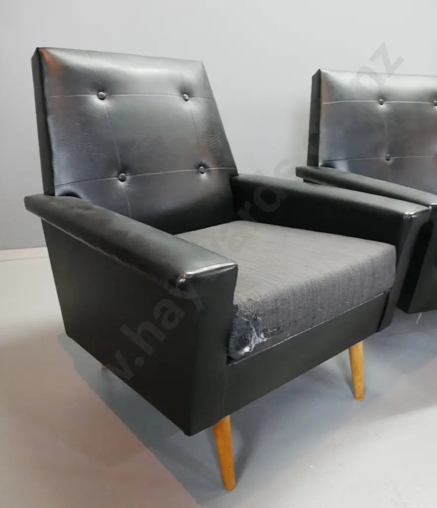 retro 3 piece black button-back vinyl and fabric lounge suite with 4 seater settee and 2 armchairs, beech front legs. Image 1++