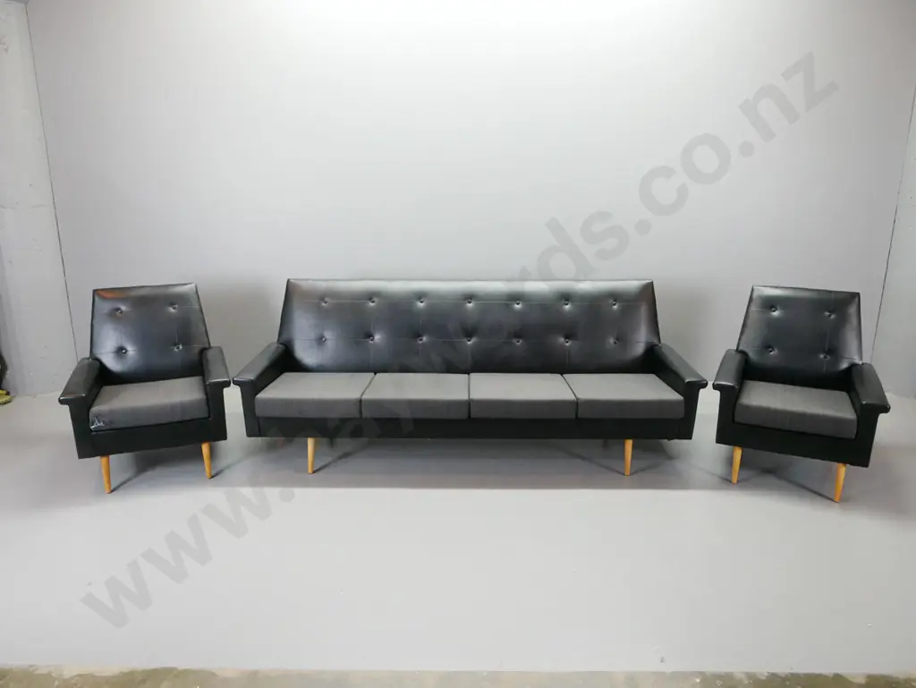 retro 3 piece black button-back vinyl and fabric lounge suite with 4 seater settee and 2 armchairs, beech front legs. Image 1++