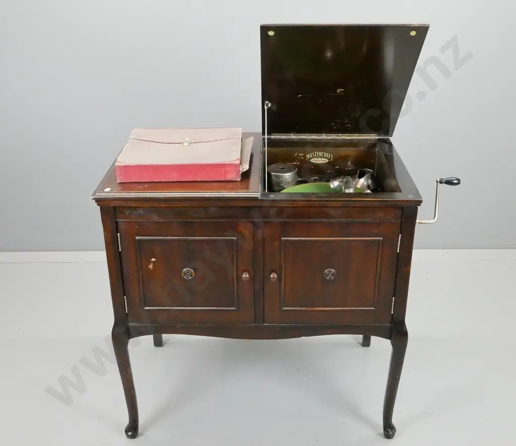 vintage restorer's gramophone in mabhogany cabinet, 2 doors, one side with record storage, other wide fabric backed Image 1++