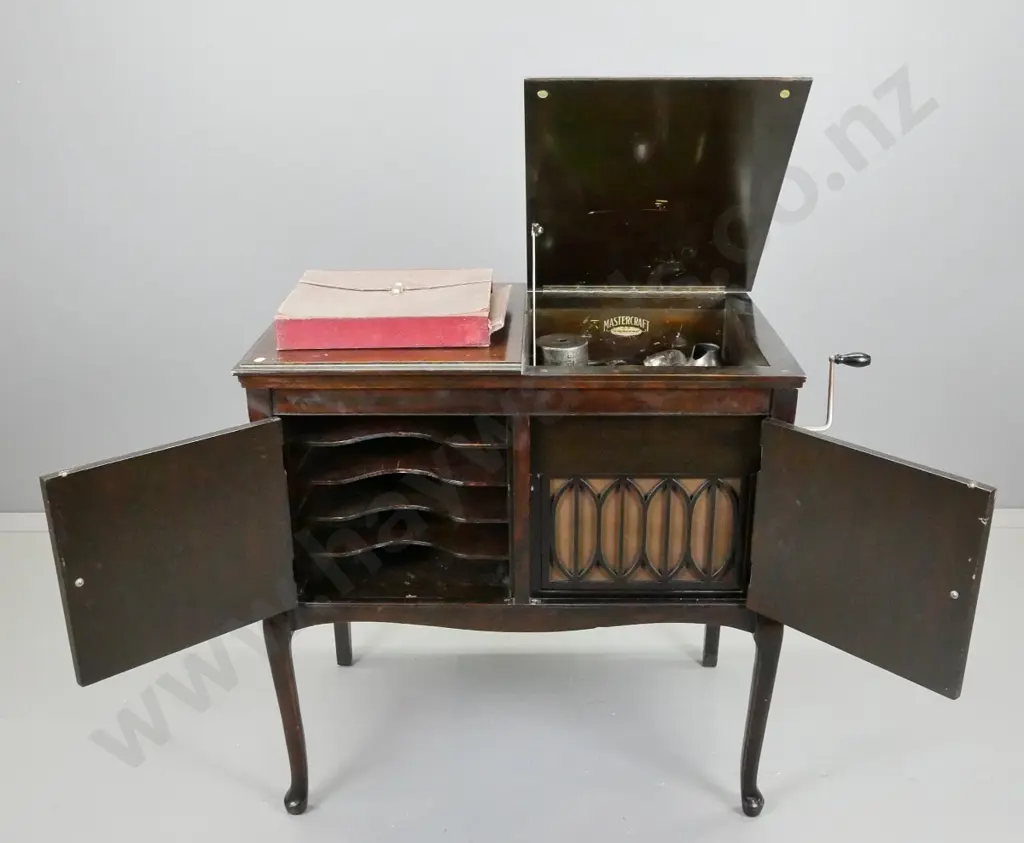 vintage restorer's gramophone in mabhogany cabinet, 2 doors, one side with record storage, other wide fabric backed Image 1++