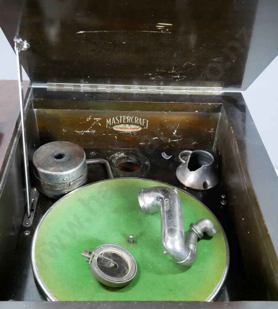 vintage restorer's gramophone in mabhogany cabinet, 2 doors, one side with record storage, other wide fabric backed Image 1++